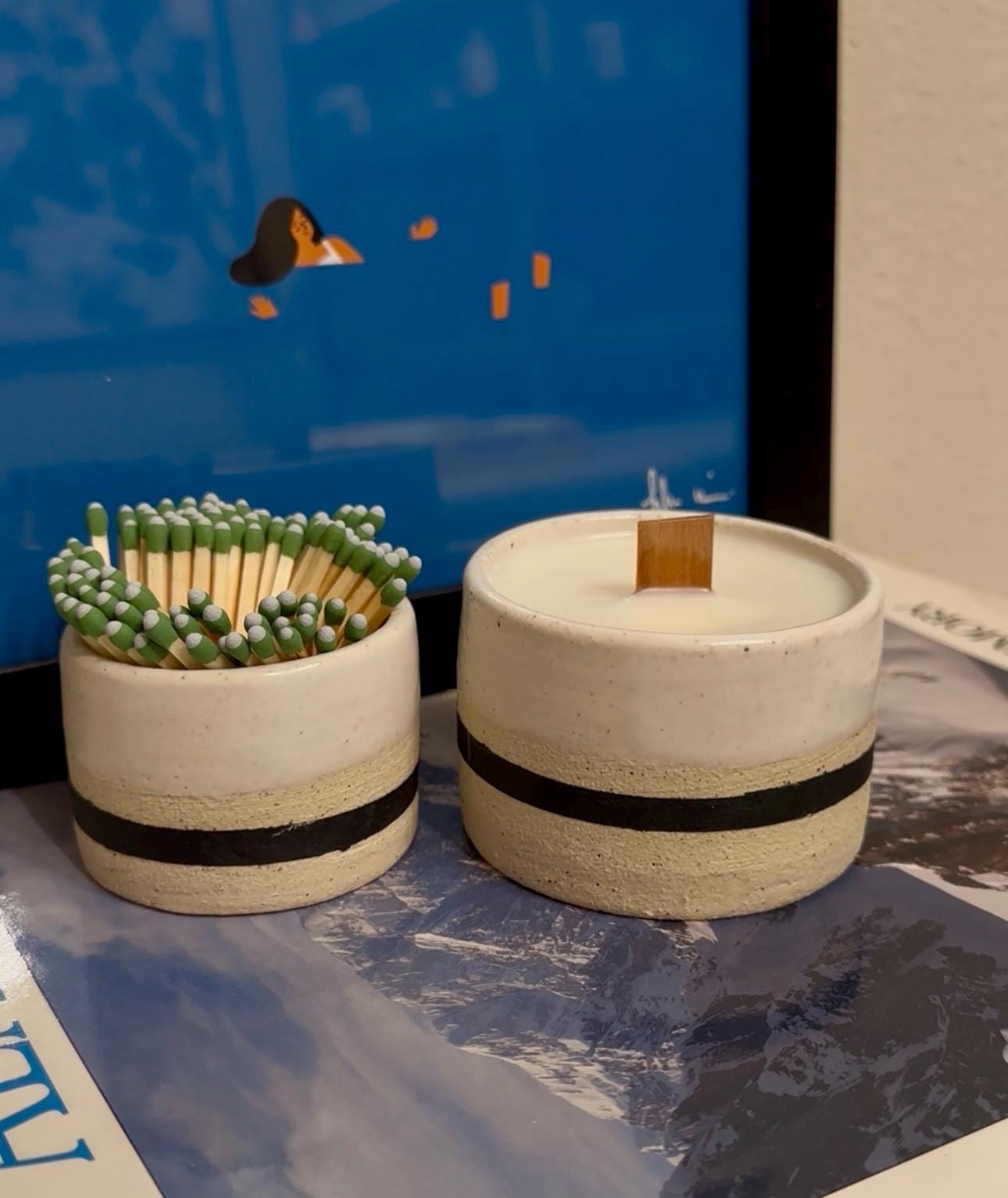 Handmade Ceramic Matchstick Holder & Candle Set